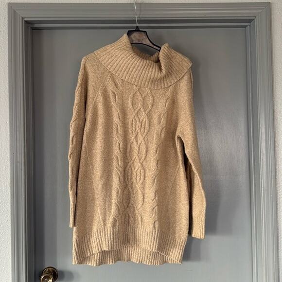 Ruffhewn sz XL Tan Cowl Neck Pullover Cotton Cable Knit Women's Sweater - Picture 1 of 7